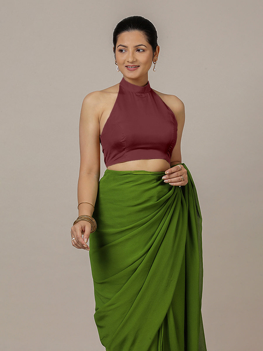 Laila x Rozaana Saree Blouse, in Maroon Vegan Silk, featuring sleeveless and halter neckline, made for party & festive (view 4).