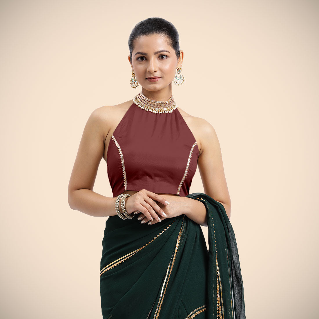 Laila x Tyohaar Saree Blouse, in Maroon Vegan Silk, featuring sleeveless and halter neckline, made for party & festive (view 5).
