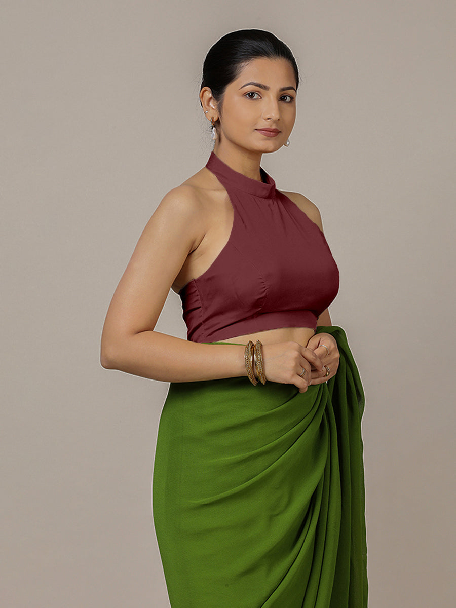 Laila x Rozaana Saree Blouse, in Maroon Vegan Silk, featuring sleeveless and halter neckline, made for party & festive (view 6).