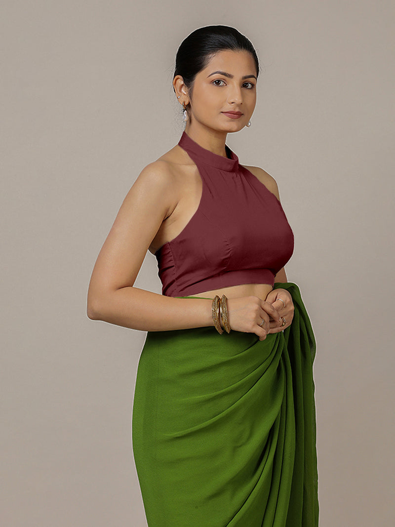 Laila x Rozaana | Burgundy Halter Neck Saree Blouse w/ FlexiFit™-Binks