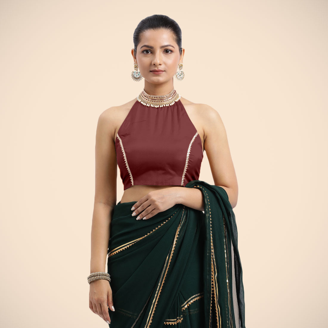 Laila x Tyohaar Saree Blouse, in Maroon Vegan Silk, featuring sleeveless and halter neckline, made for party & festive (view 6).