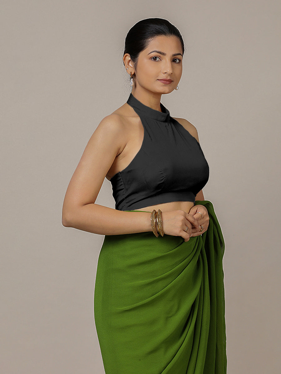 Laila x Rozaana Saree Blouse, in Black Vegan Silk, featuring sleeveless and halter neckline, made for party & festive.