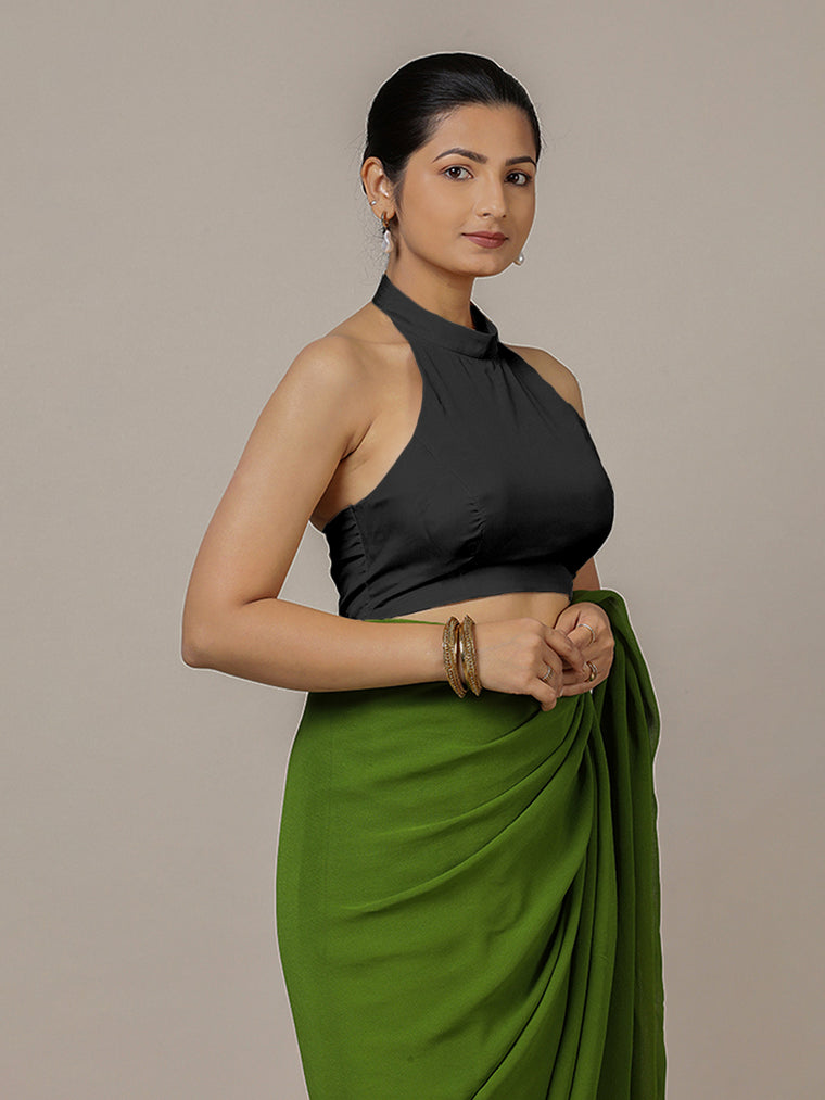 Laila x Rozaana Saree Blouse, in Black Vegan Silk, featuring sleeveless and halter neckline, made for party & festive.