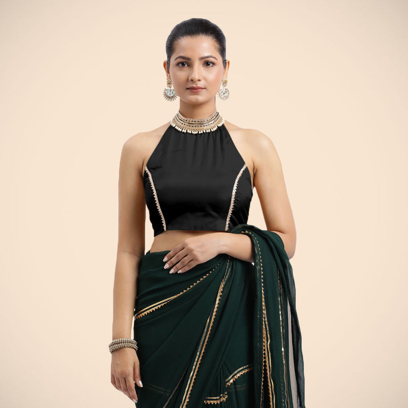 Laila x Tyohaar | Charcoal Black Halterneck FlexiFit™ Saree Blouse with Heavy Golden Gota and Pearl Embellishments-Binks