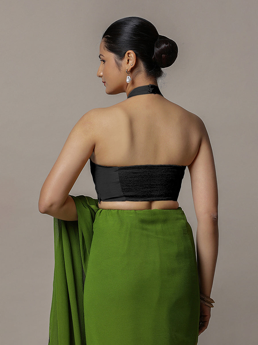 Laila x Rozaana Saree Blouse, in Black Vegan Silk, featuring sleeveless and halter neckline, made for party & festive (view 2).