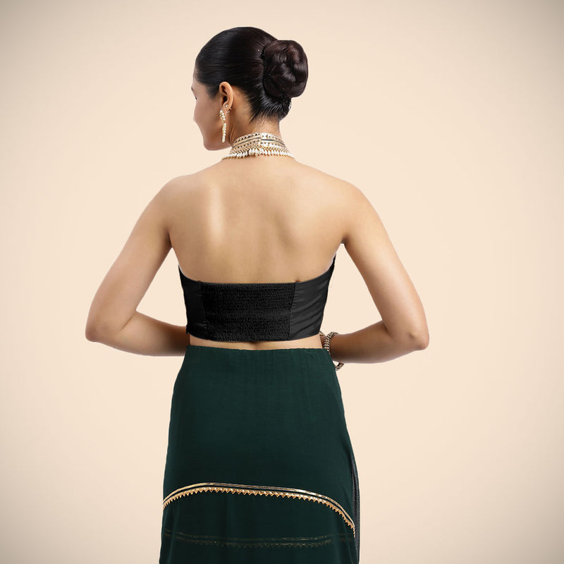 Laila x Tyohaar | Charcoal Black Halterneck FlexiFit™ Saree Blouse with Heavy Golden Gota and Pearl Embellishments-Binks
