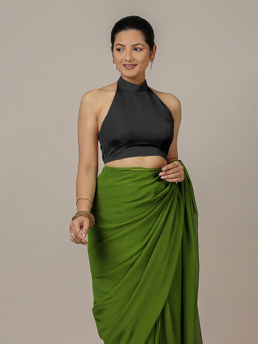 Laila x Rozaana Saree Blouse, in Black Vegan Silk, featuring sleeveless and halter neckline, made for party & festive (view 4).