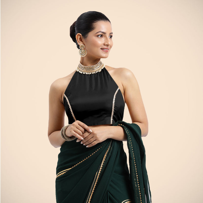 Laila x Tyohaar | Charcoal Black Halterneck FlexiFit™ Saree Blouse with Heavy Golden Gota and Pearl Embellishments-Binks