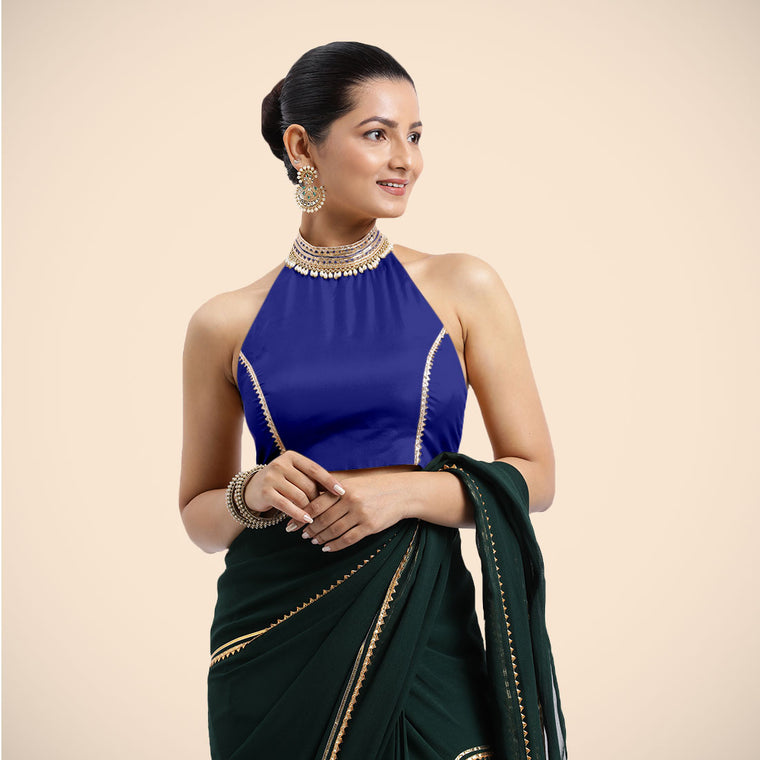 Laila x Tyohaar Saree Blouse, in Blue Vegan Silk, featuring sleeveless and halter neckline, made for party & festive.