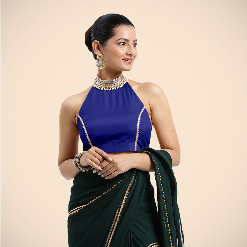 Laila x Tyohaar | Cobalt Blue Halterneck FlexiFit™ Saree Blouse with Heavy Golden Gota and Pearl Embellishments-Binks