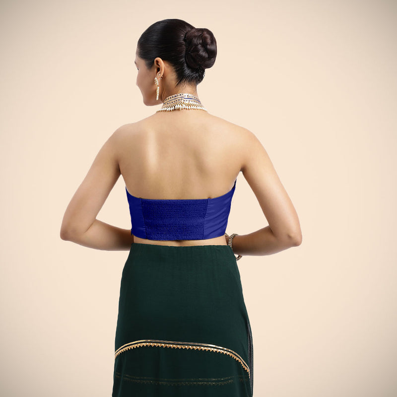 Laila x Tyohaar | Cobalt Blue Halterneck FlexiFit™ Saree Blouse with Heavy Golden Gota and Pearl Embellishments-Binks