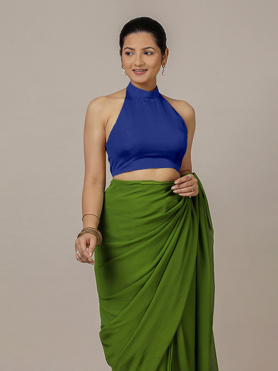 Laila x Rozaana Saree Blouse, in Blue Vegan Silk, featuring sleeveless and halter neckline, made for party & festive (view 4).