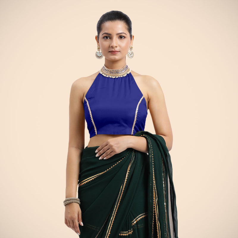 Laila x Tyohaar | Cobalt Blue Halterneck FlexiFit™ Saree Blouse with Heavy Golden Gota and Pearl Embellishments-Binks