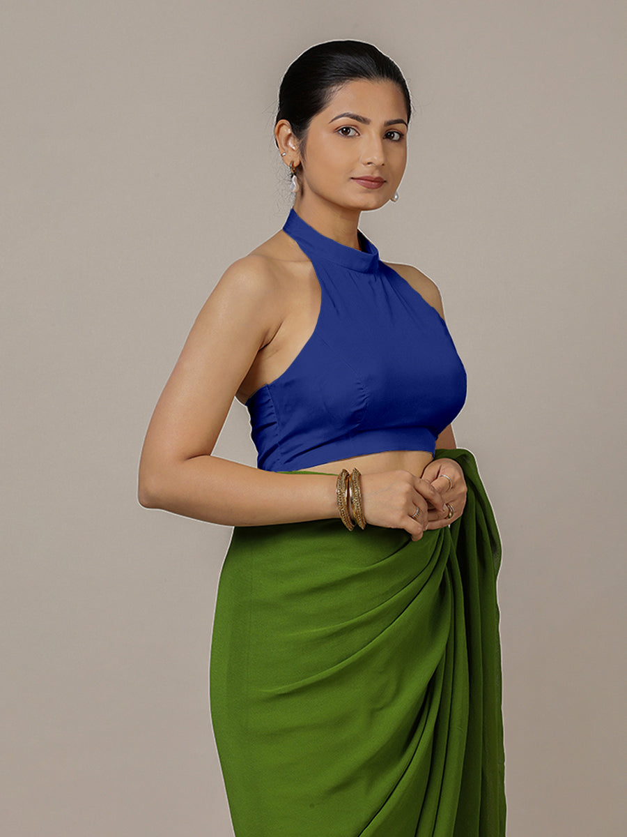 Laila x Rozaana Saree Blouse, in Blue Vegan Silk, featuring sleeveless and halter neckline, made for party & festive (view 7).
