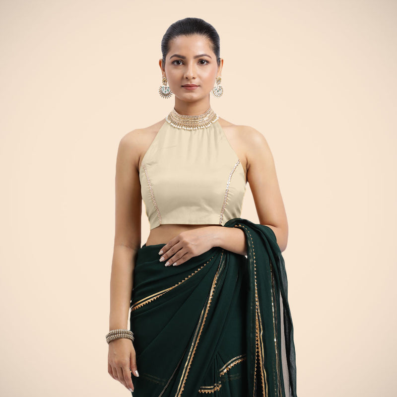 Laila x Tyohaar | Cream Halterneck FlexiFit™ Saree Blouse with Heavy Golden Gota and Pearl Embellishments-Binks