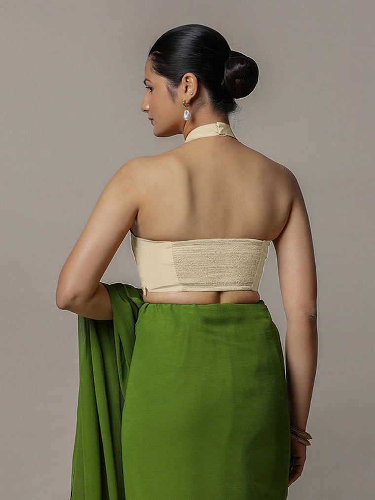 Laila x Rozaana Saree Blouse, in Cream Vegan Silk, featuring sleeveless and halter neckline, made for party & festive (view 2).