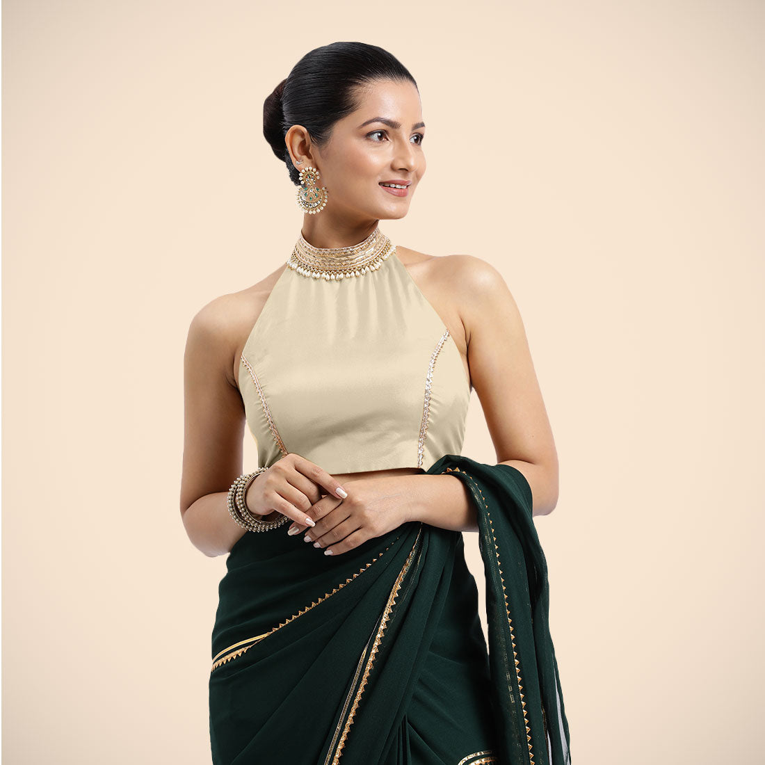 Laila x Tyohaar Saree Blouse, in Cream Vegan Silk, featuring sleeveless and halter neckline, made for party & festive (view 2).