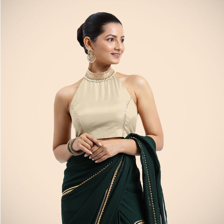 Laila x Tyohaar Saree Blouse, in Cream Vegan Silk, featuring sleeveless and halter neckline, made for party & festive (view 2).