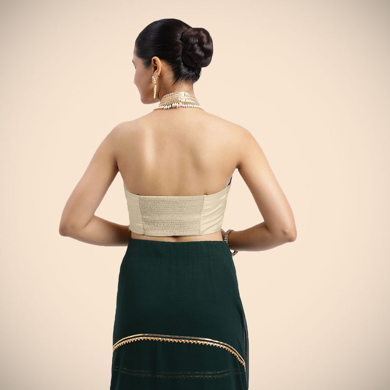 Laila x Tyohaar | Cream Halterneck FlexiFit™ Saree Blouse with Heavy Golden Gota and Pearl Embellishments-Binks