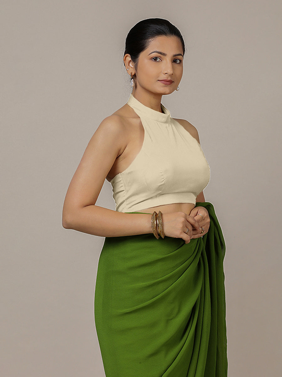 Laila x Rozaana Saree Blouse, in Cream Vegan Silk, featuring sleeveless and halter neckline, made for party & festive (view 6).