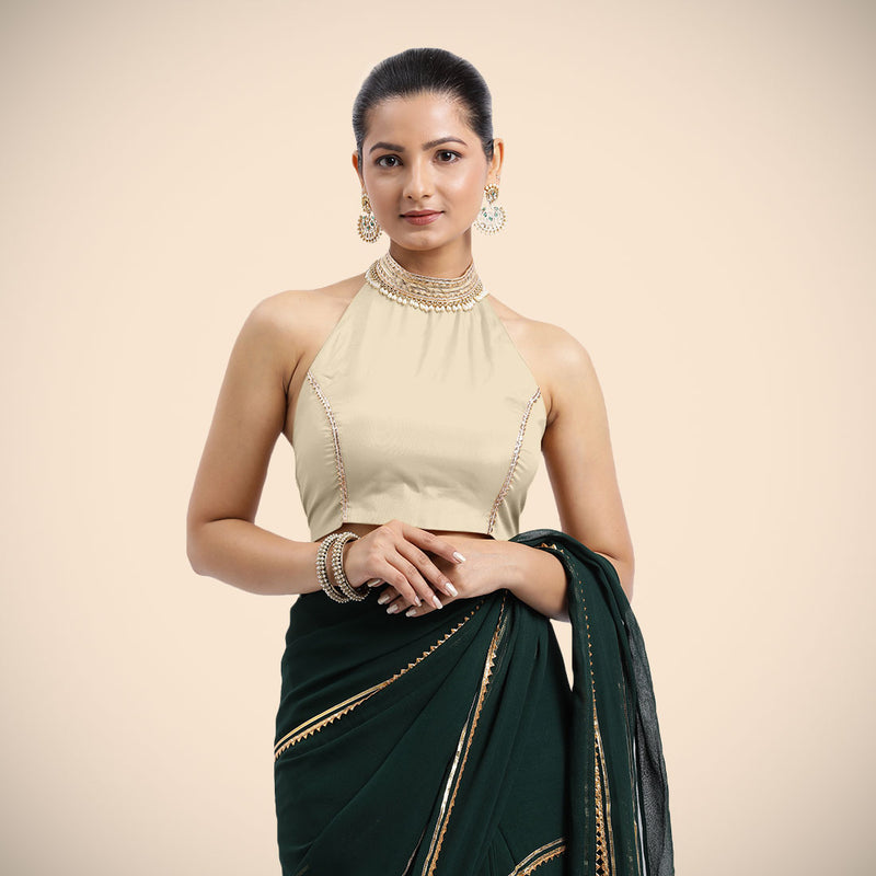 Laila x Tyohaar | Cream Halterneck FlexiFit™ Saree Blouse with Heavy Golden Gota and Pearl Embellishments-Binks
