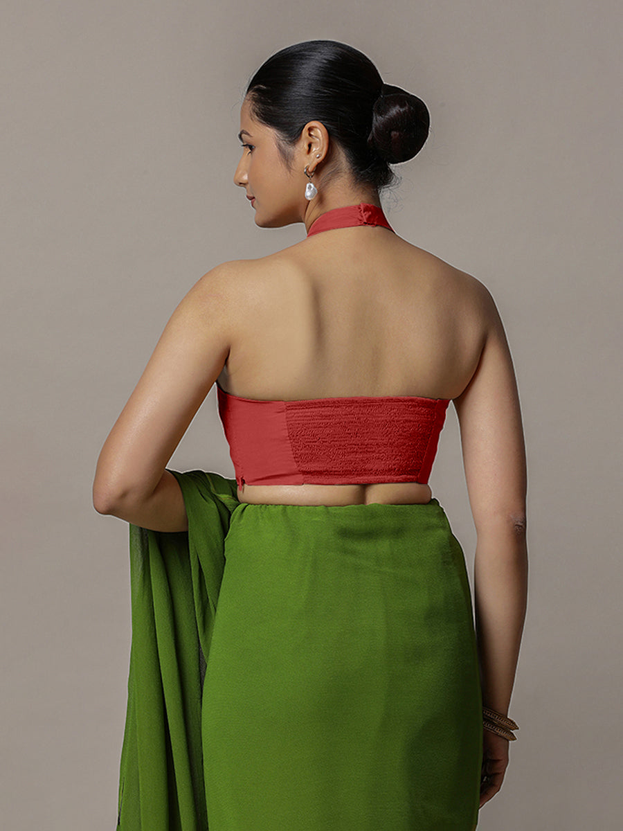 Laila x Rozaana Saree Blouse, in Red Vegan Silk, featuring sleeveless and halter neckline, made for party & festive (view 2).