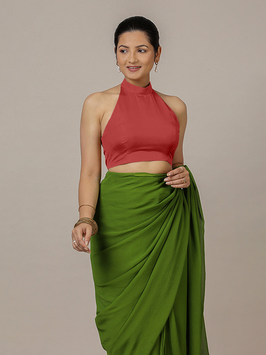 Laila x Rozaana Saree Blouse, in Red Vegan Silk, featuring sleeveless and halter neckline, made for party & festive (view 4).