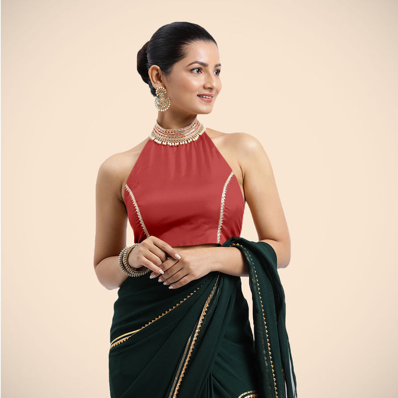 Laila x Tyohaar | Crimson Red Halterneck FlexiFit™ Saree Blouse with Heavy Golden Gota and Pearl Embellishments-Binks