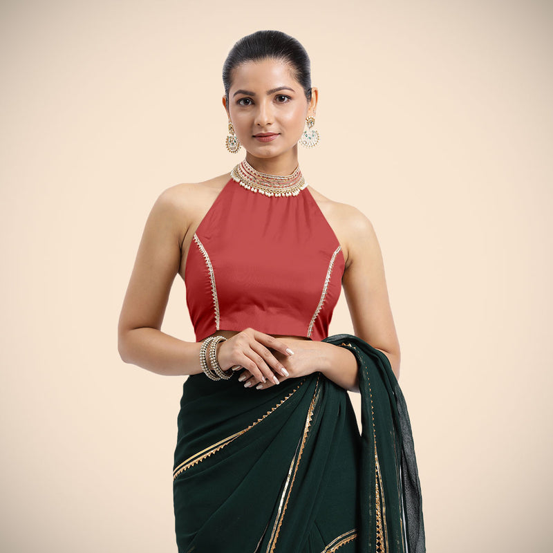 Laila x Tyohaar | Crimson Red Halterneck FlexiFit™ Saree Blouse with Heavy Golden Gota and Pearl Embellishments-Binks