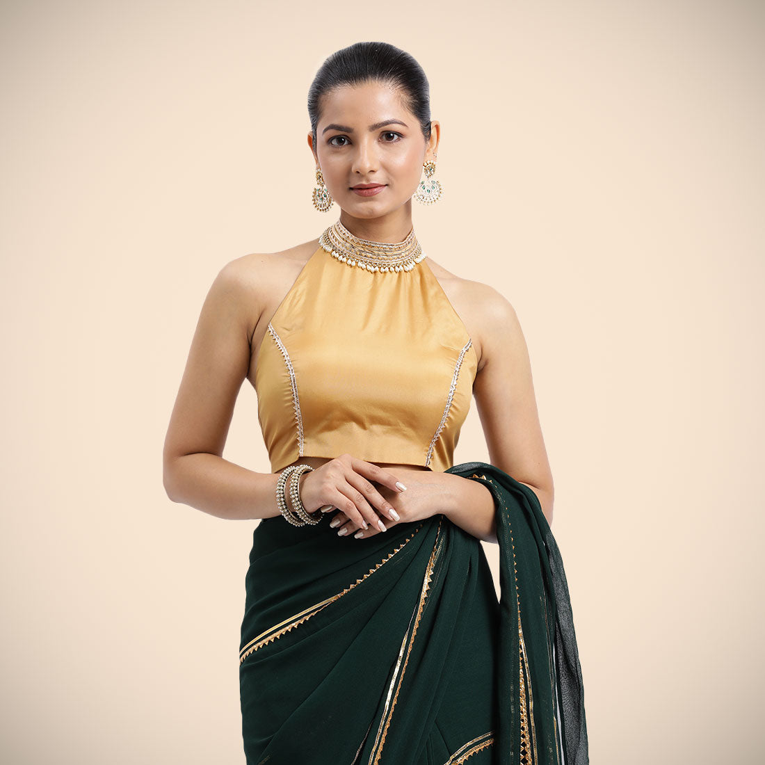 Laila x Tyohaar Saree Blouse, in Gold Vegan Silk, featuring sleeveless and halter neckline, made for party & festive (view 3).