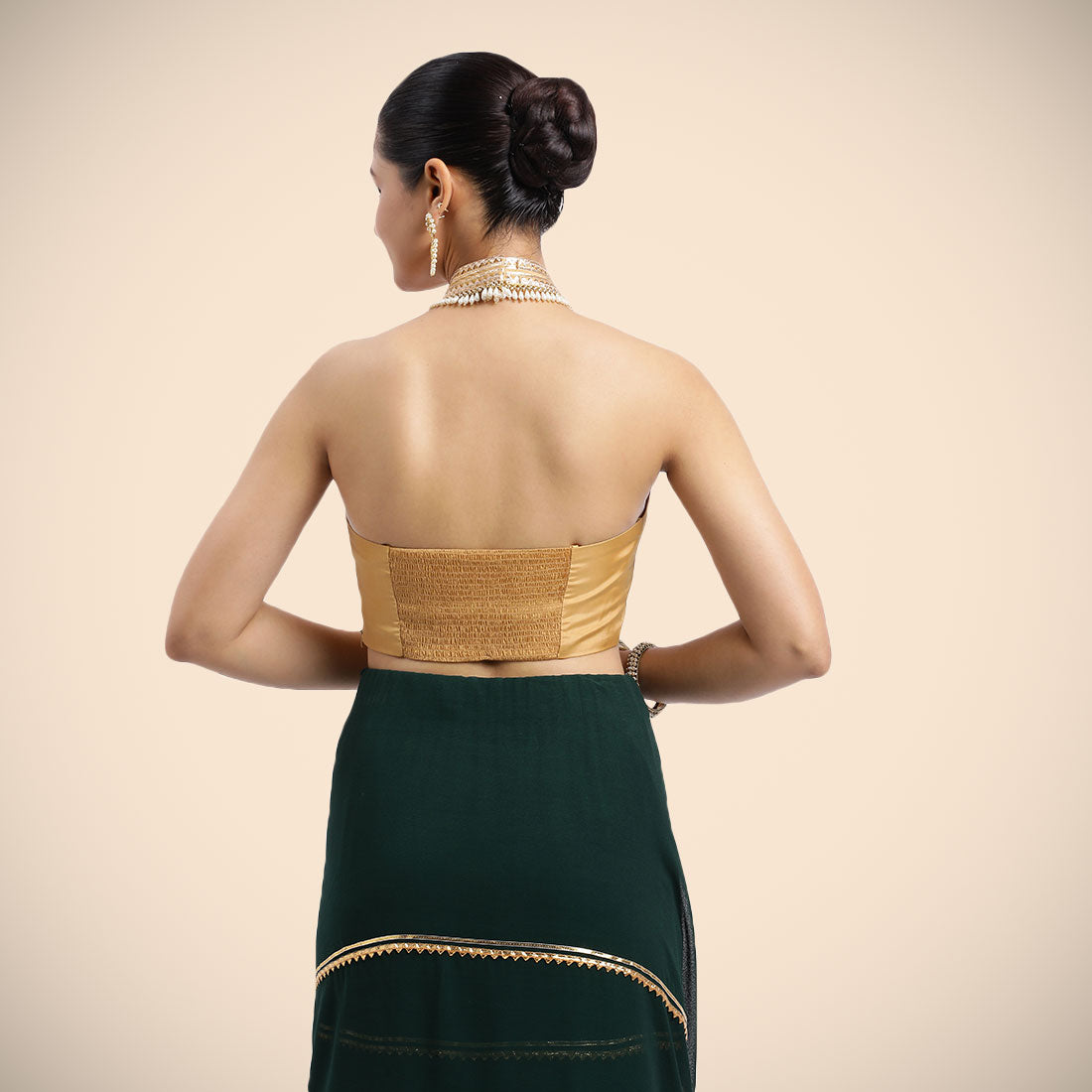 Laila x Tyohaar Saree Blouse, in Gold Vegan Silk, featuring sleeveless and halter neckline, made for party & festive (view 6).