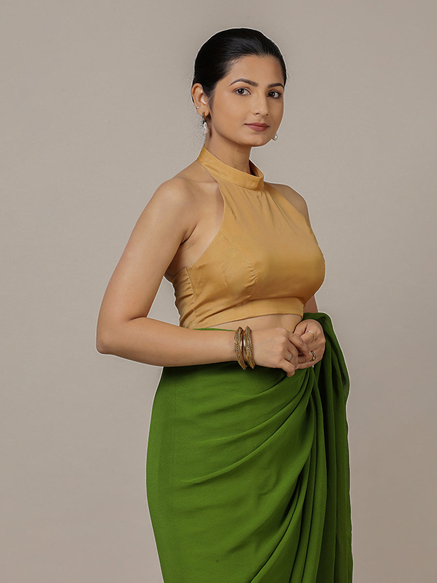 Laila x Rozaana Saree Blouse, in Gold Vegan Silk, featuring sleeveless and halter neckline, made for party & festive (view 7).
