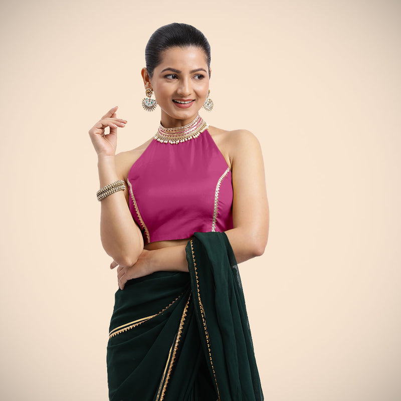 Laila x Tyohaar | Sleeveless Hot Pink FlexiFit™ Gota Embellished Saree Blouse with Halter Neck-Binks
