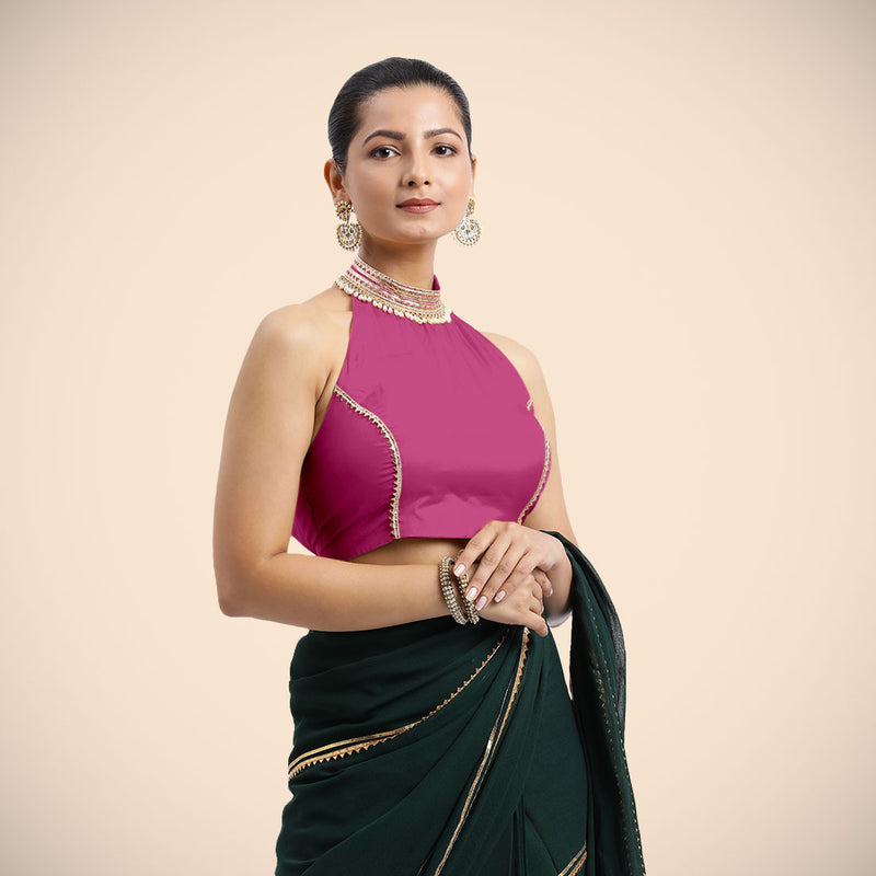 Laila x Tyohaar | Sleeveless Hot Pink FlexiFit™ Gota Embellished Saree Blouse with Halter Neck-Binks