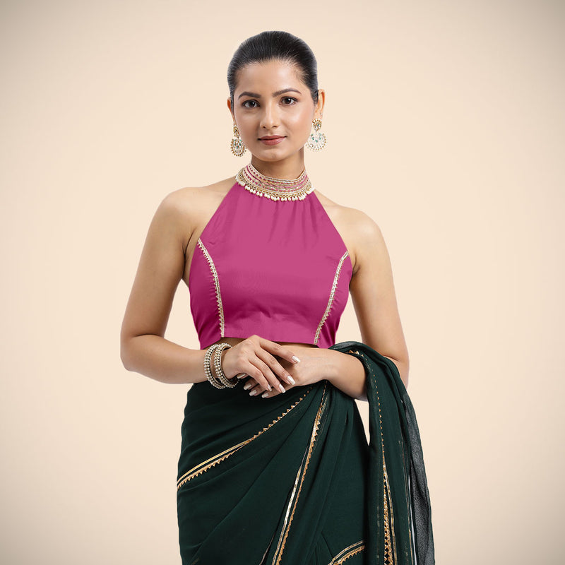 Laila x Tyohaar | Sleeveless Hot Pink FlexiFit™ Gota Embellished Saree Blouse with Halter Neck-Binks