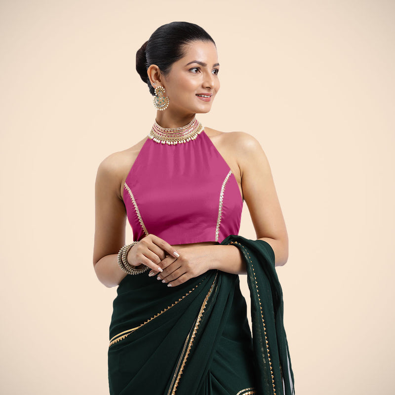 Laila x Tyohaar | Sleeveless Hot Pink FlexiFit™ Gota Embellished Saree Blouse with Halter Neck-Binks