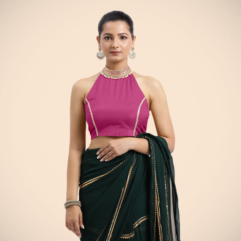 Laila x Tyohaar | Sleeveless Hot Pink FlexiFit™ Gota Embellished Saree Blouse with Halter Neck-Binks