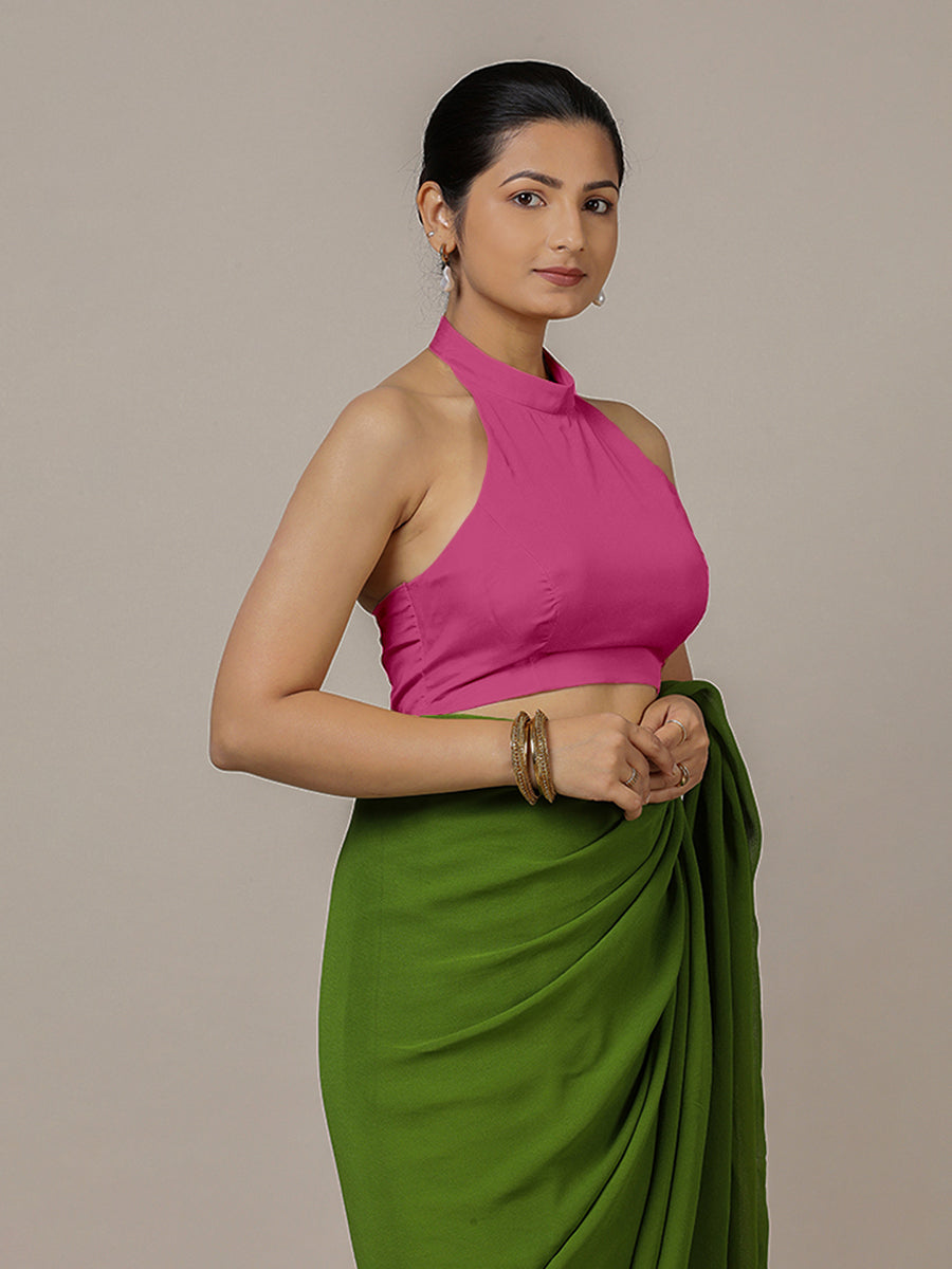 Laila x Rozaana Saree Blouse, in Pink Artificial Silk, featuring sleeveless and halter neckline, made for party & festive.