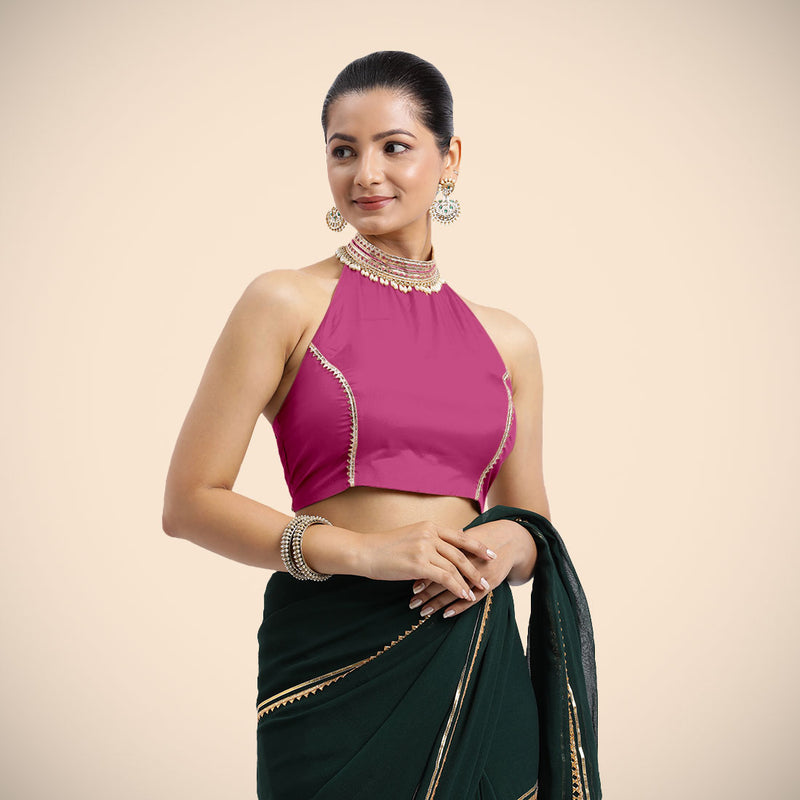 Laila x Tyohaar | Sleeveless Hot Pink FlexiFit™ Gota Embellished Saree Blouse with Halter Neck-Binks