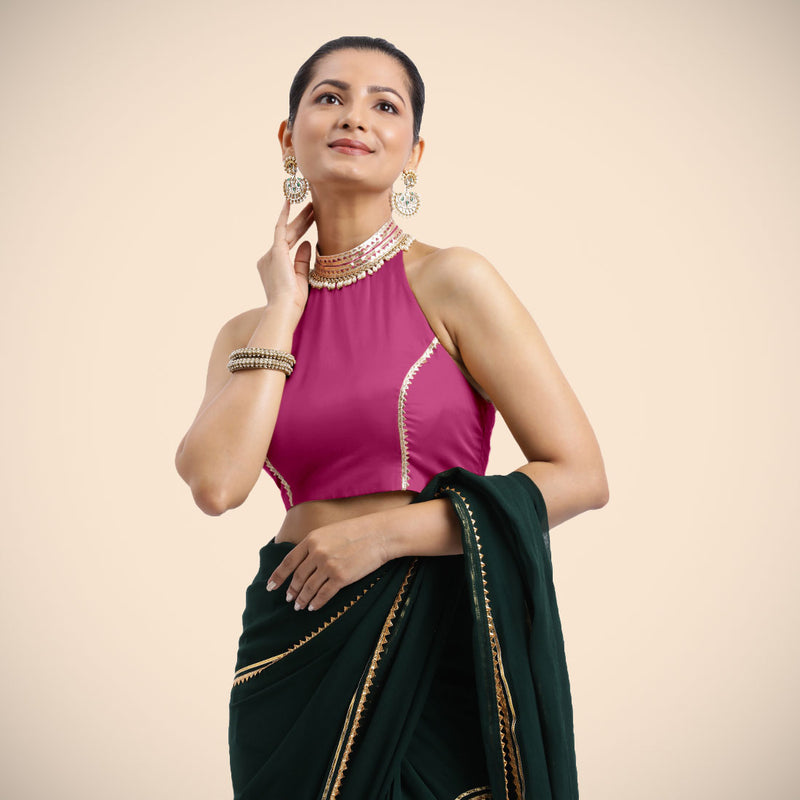 Laila x Tyohaar | Sleeveless Hot Pink FlexiFit™ Gota Embellished Saree Blouse with Halter Neck-Binks