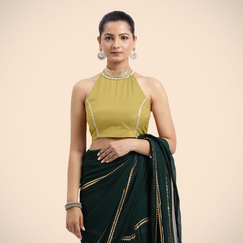 Laila x Tyohaar | Lemon Yellow Halterneck FlexiFit™ Saree Blouse with Heavy Golden Gota and Pearl Embellishments-Binks