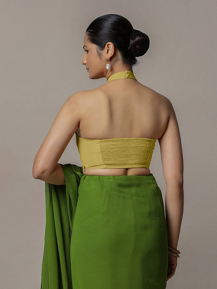 Laila x Rozaana Saree Blouse, in Yellow Vegan Silk, featuring sleeveless and halter neckline, made for party & festive (view 2).