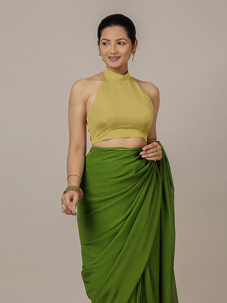 Laila x Rozaana Saree Blouse, in Yellow Vegan Silk, featuring sleeveless and halter neckline, made for party & festive (view 4).