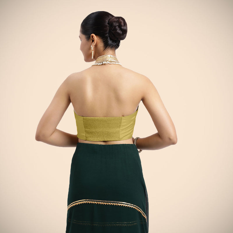 Laila x Tyohaar | Lemon Yellow Halterneck FlexiFit™ Saree Blouse with Heavy Golden Gota and Pearl Embellishments-Binks