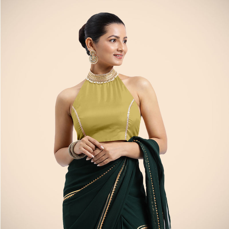 Laila x Tyohaar | Lemon Yellow Halterneck FlexiFit™ Saree Blouse with Heavy Golden Gota and Pearl Embellishments-Binks