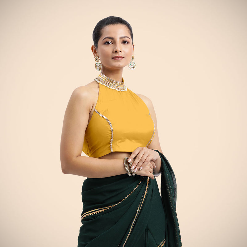 Laila x Tyohaar | Sleeveless Marigold Yellow FlexiFit™ Gota Embellished Saree Blouse with Halter Neck-Binks