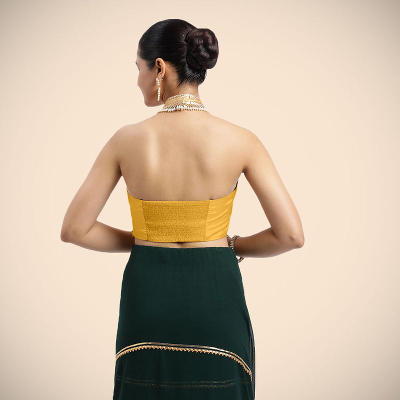 Laila x Tyohaar | Sleeveless Marigold Yellow FlexiFit™ Gota Embellished Saree Blouse with Halter Neck-Binks