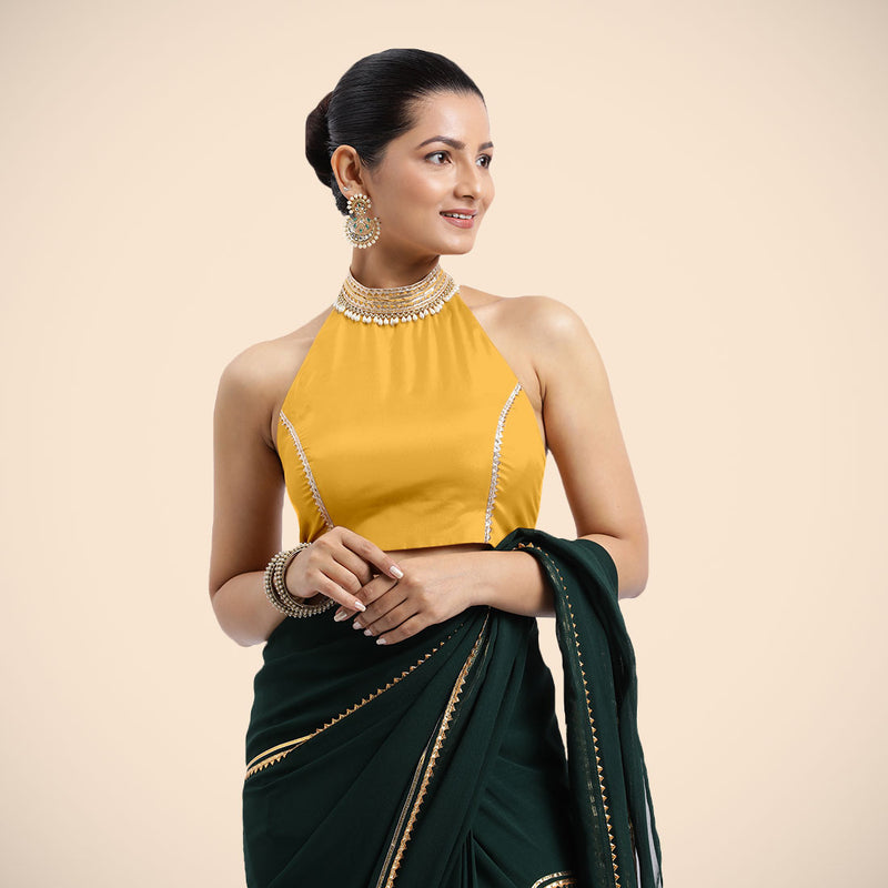 Laila x Tyohaar | Sleeveless Marigold Yellow FlexiFit™ Gota Embellished Saree Blouse with Halter Neck-Binks