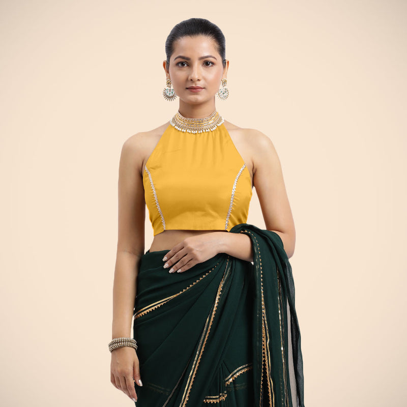 Laila x Tyohaar | Sleeveless Marigold Yellow FlexiFit™ Gota Embellished Saree Blouse with Halter Neck-Binks