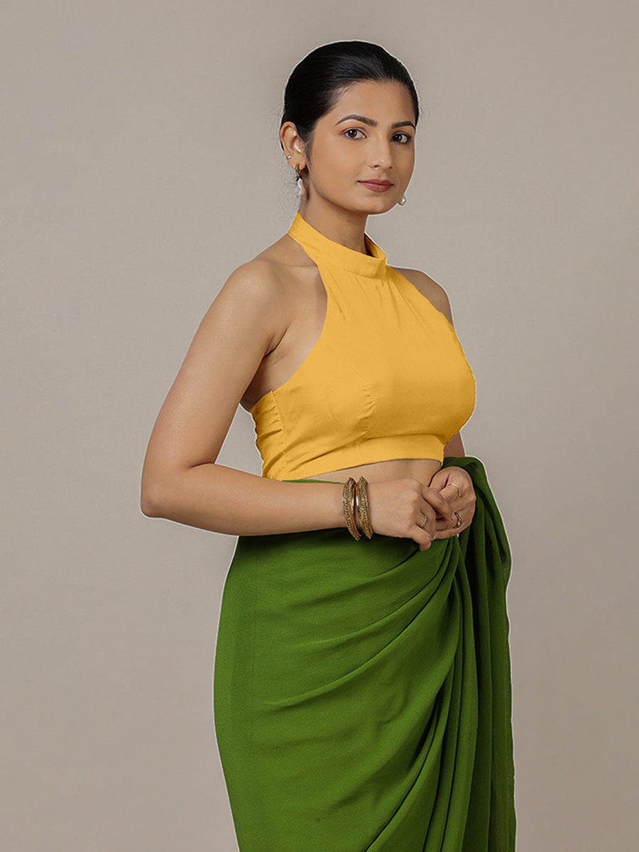 Laila x Rozaana Saree Blouse, in Yellow Artificial Silk, featuring sleeveless and halter neckline, made for party & festive.